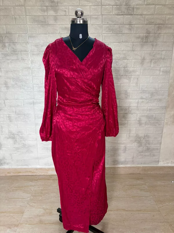 Magenta Satin Long-Sleeve Wrap Maxi Party Dress