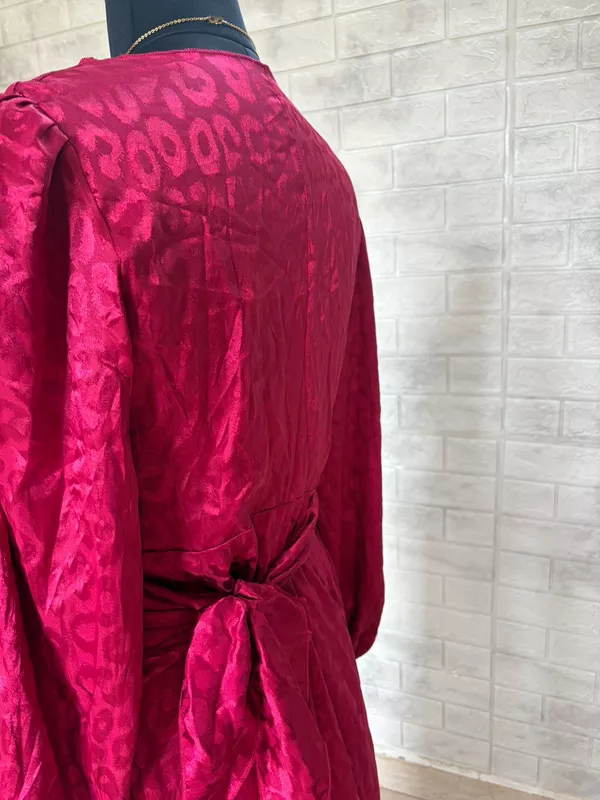 Magenta Satin Long-Sleeve Wrap Maxi Party Dress