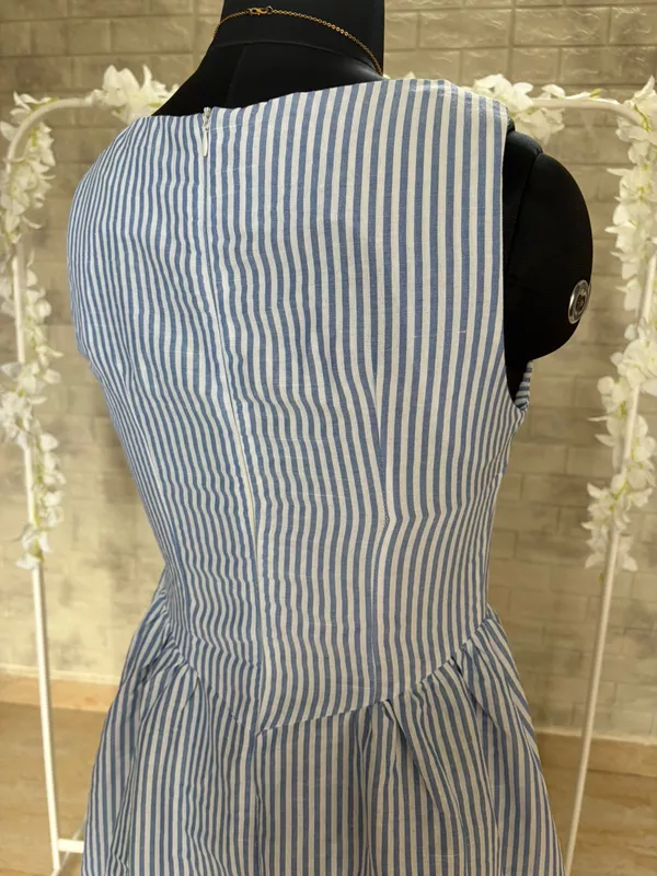 Blue and White Vertical Striped Sleeveless Maxi Dress