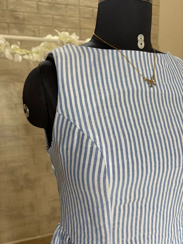 Blue and White Vertical Striped Sleeveless Maxi Dress