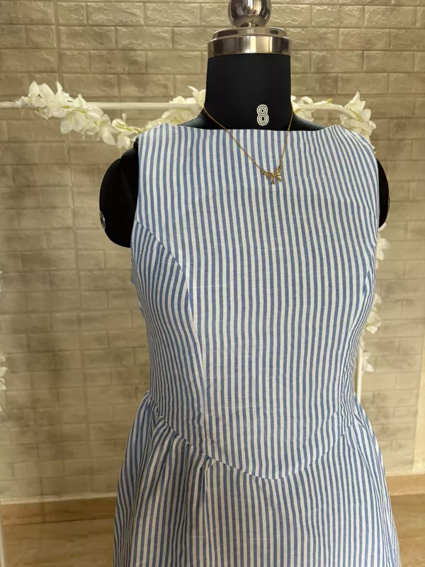 Blue and White Vertical Striped Sleeveless Maxi Dress