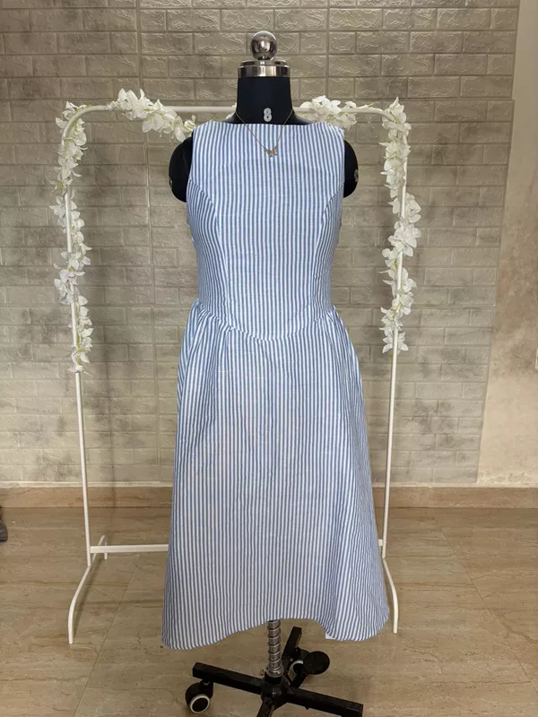 Blue and White Vertical Striped Sleeveless Maxi Dress