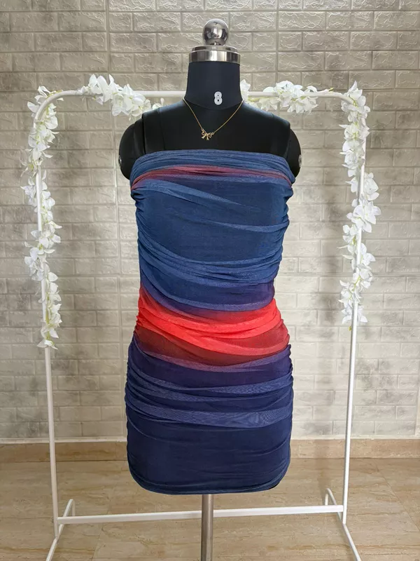 Blue and Red Color-Blocked Tube Bodycon Party Dress
