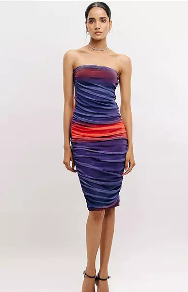 Blue and Red Color-Blocked Tube Bodycon Party Dress