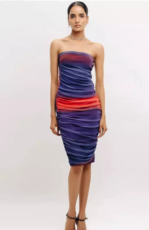 Blue and Red Color-Blocked Tube Bodycon Party Dress
