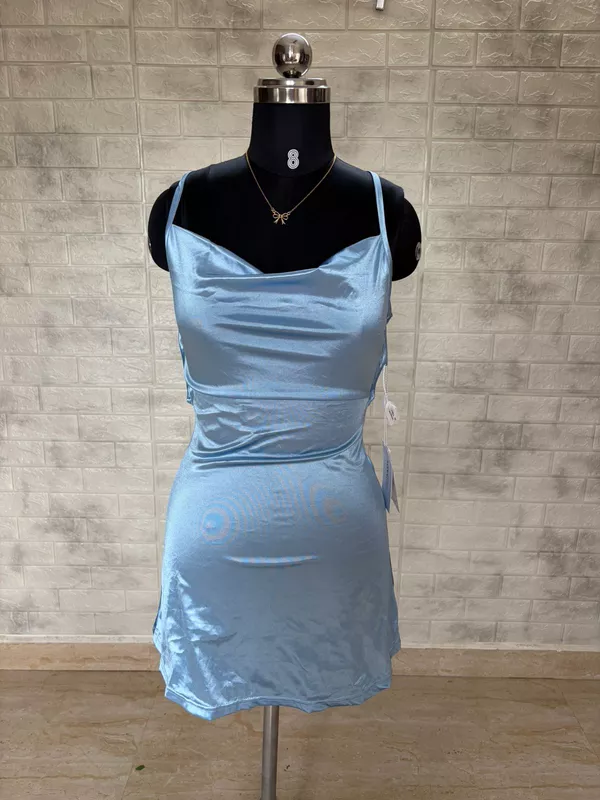 Baby Blue Satin Cowl-Neck Slip Mini Dress