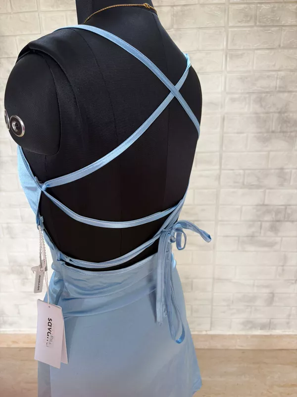 Baby Blue Satin Cowl-Neck Slip Mini Dress