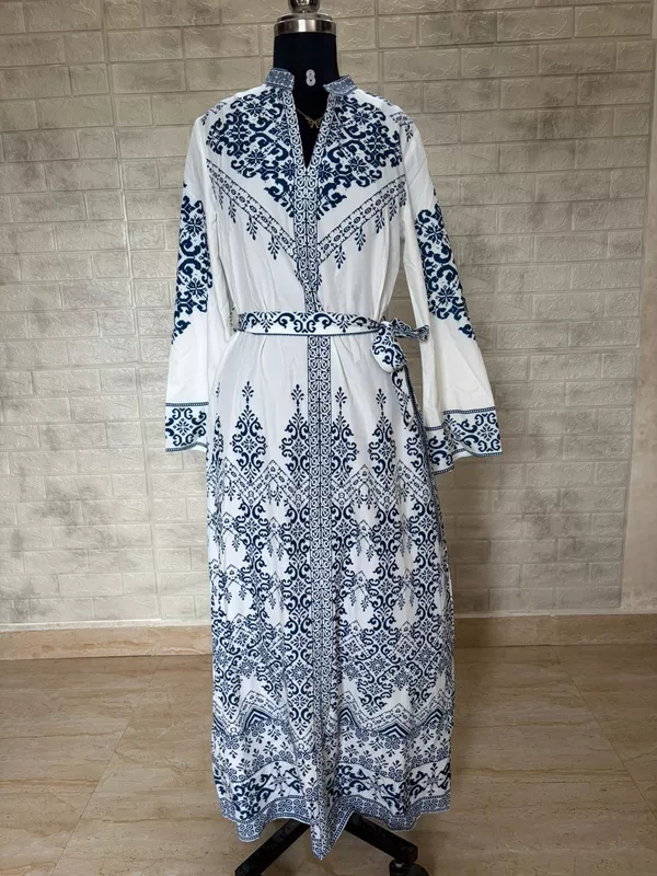 White & Blue Traditional Persian Floral Printed Maxi Dress