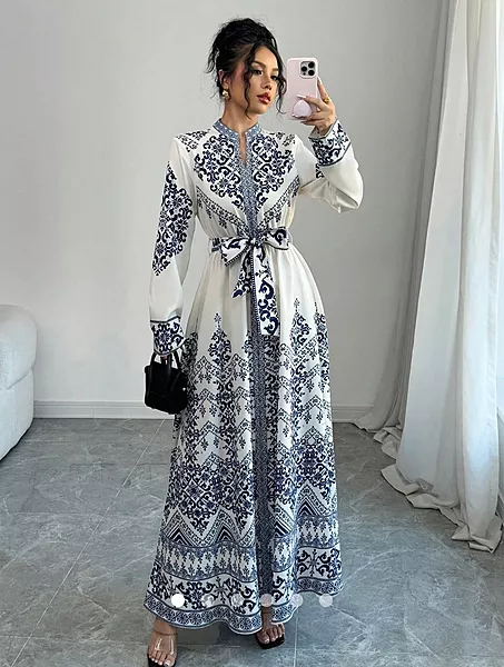 White & Blue Traditional Persian Floral Printed Maxi Dress