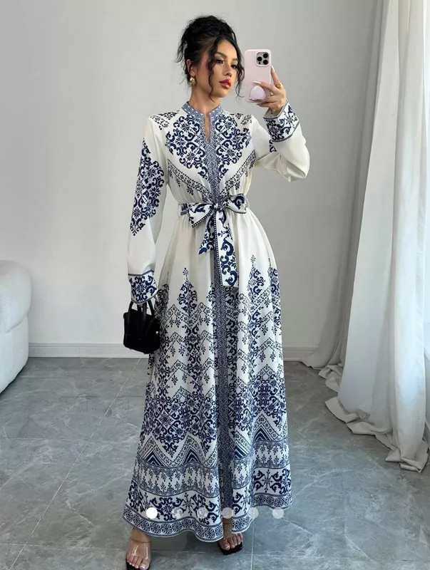 White & Blue Traditional Persian Floral Printed Maxi Dress
