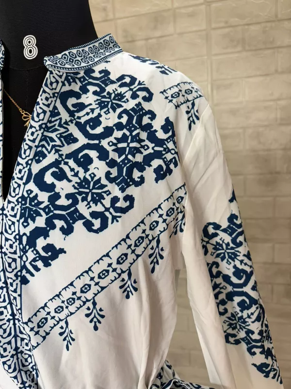 White & Blue Traditional Persian Floral Printed Maxi Dress