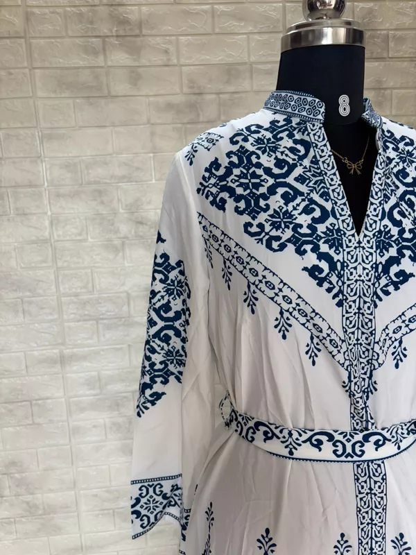 White & Blue Traditional Persian Floral Printed Maxi Dress