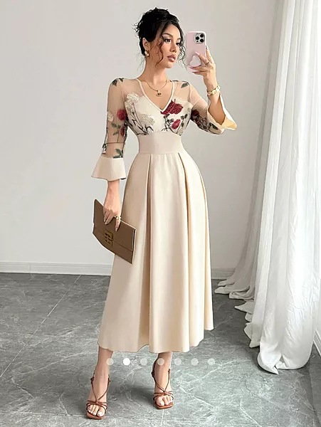 Apricot Embroidered A-Line dress
