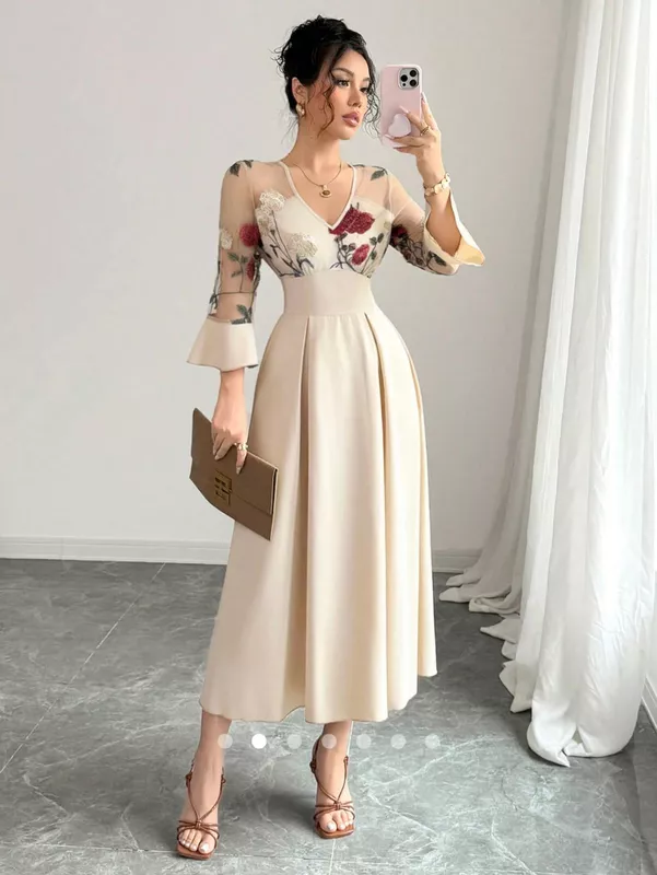 Apricot Embroidered A-Line dress