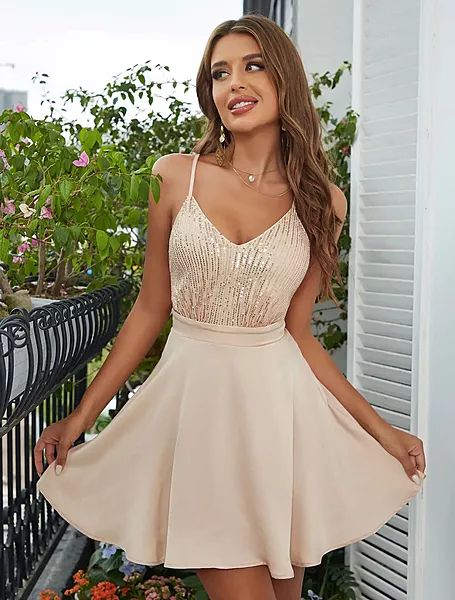 Beige Sequins Skater Dress