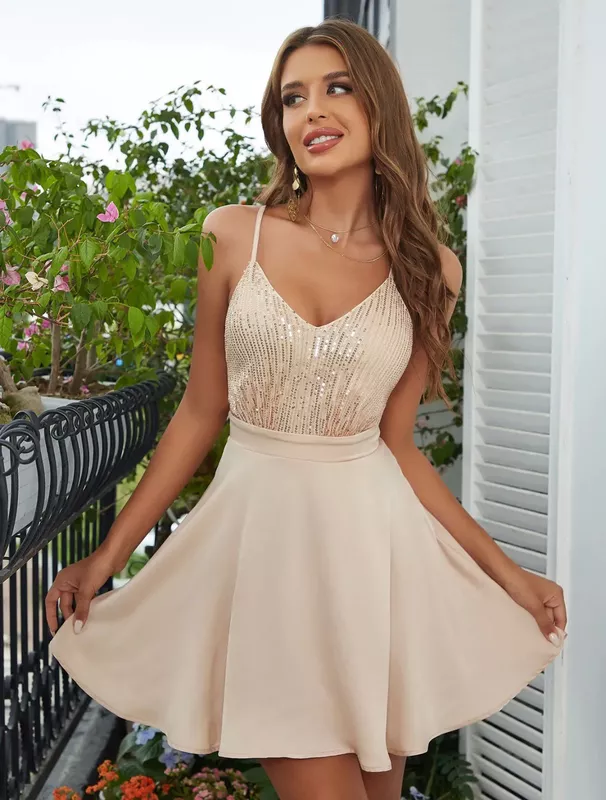 Beige Sequins Skater Dress