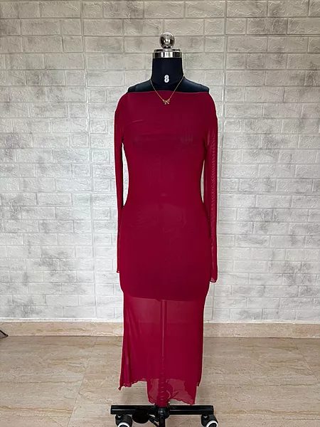 Maroon Sheer Bodycon Maxi Dress