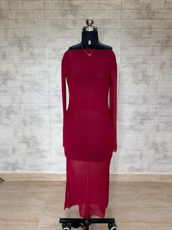 Maroon Sheer Bodycon Maxi Dress