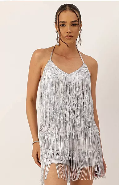 Silver Shimmer Sequin Fringe Mini Dress