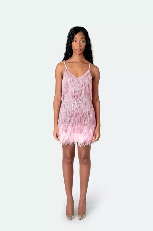 Baby Pink Fringe Sequin Mini Dress
