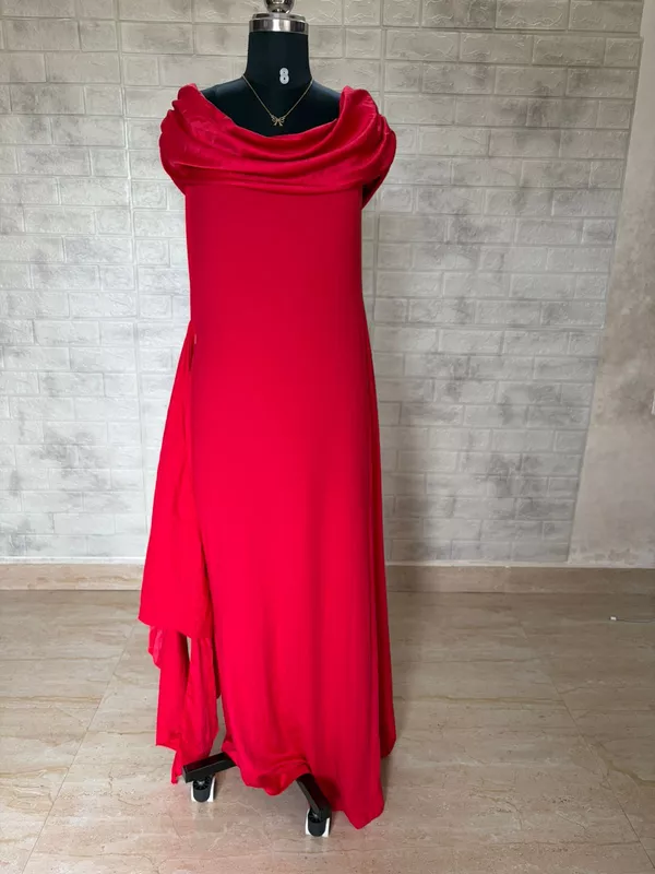 Red Off-Shoulder Cowl Neck Maxi Dress
