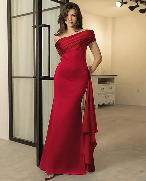 Red Off-Shoulder Cowl Neck Maxi Dress