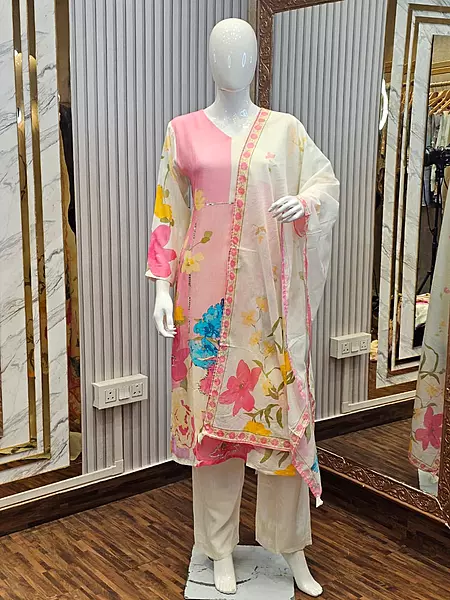 PURE MUL COOTTON SUIT SET WITH FLORAL PRINTED HIGHLIGHT HANDWORK PINK