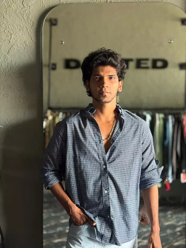 Navy grid micro check shirt
