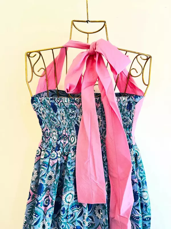 Hoor's Halter Neck Tube Dress - Blue & Pink Print
