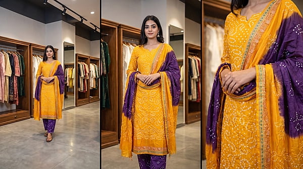 Kala Sanskruti Golden & Magenta Color Dupion Silk Bandhani Dress 2.5 M Each Piece Elegant Traditional Wear Dupion Silk Dress for Women