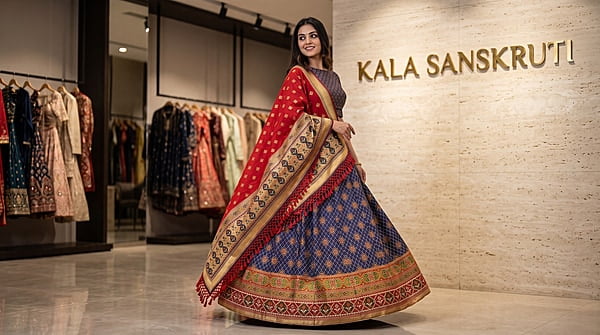 Kala Sanskruti Nevi Blue Red Color Dupion Silk Bandhani Chaniyacholi 3.75M - Elegant Traditional Wear Dupion Chaniyacholi's for Women