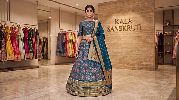Kala Sanskruti All Over Indigo Color Dupion Silk Bandhani Chaniyacholi 3.75M - Elegant Traditional Wear Dupion Chaniyacholi's for Women