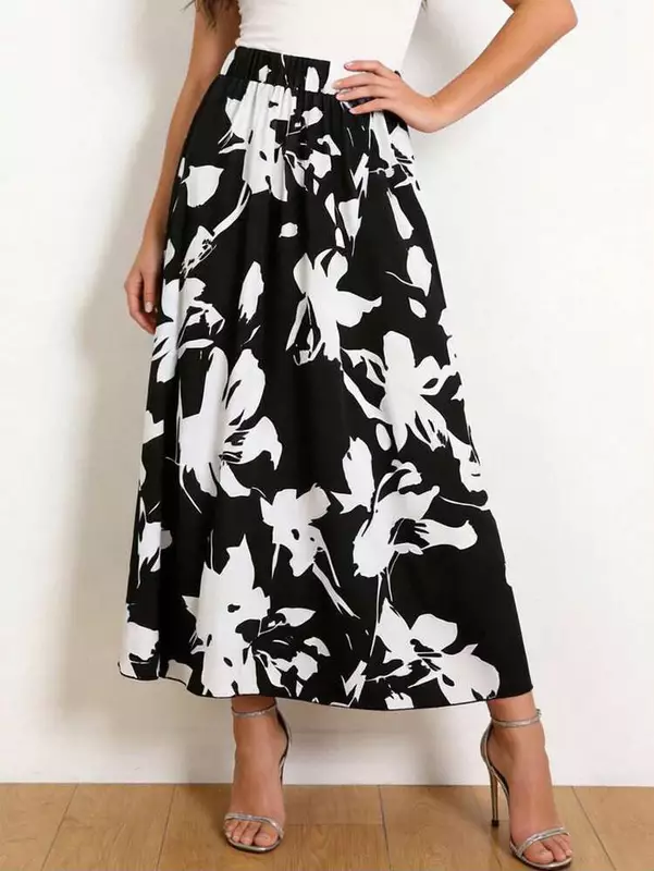 Black & White Floral Print Midi Skirt