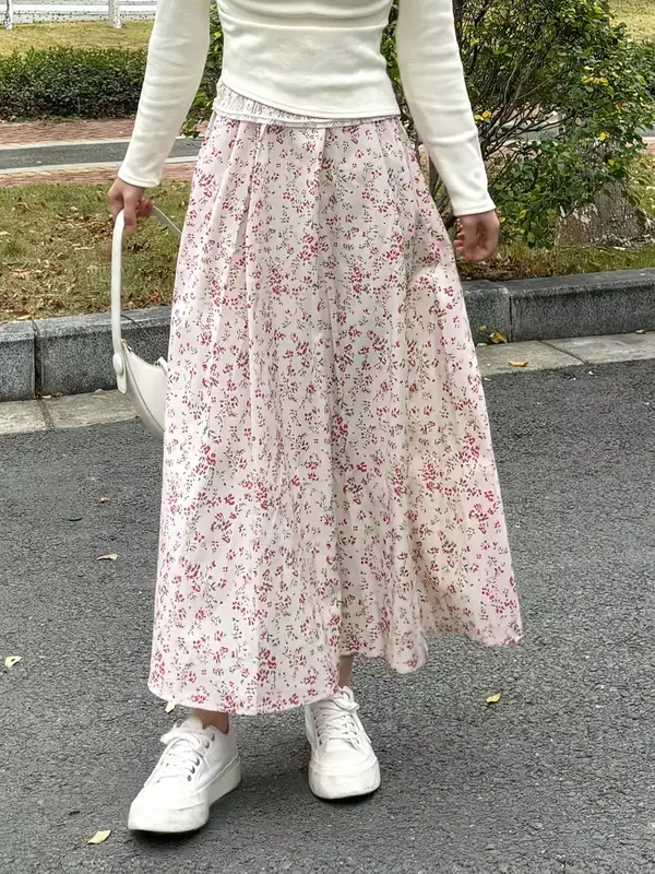 Vintage Floral Print A-Line Midi Skirt