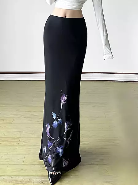 Black Floral Printed A-Line Maxi Skirt