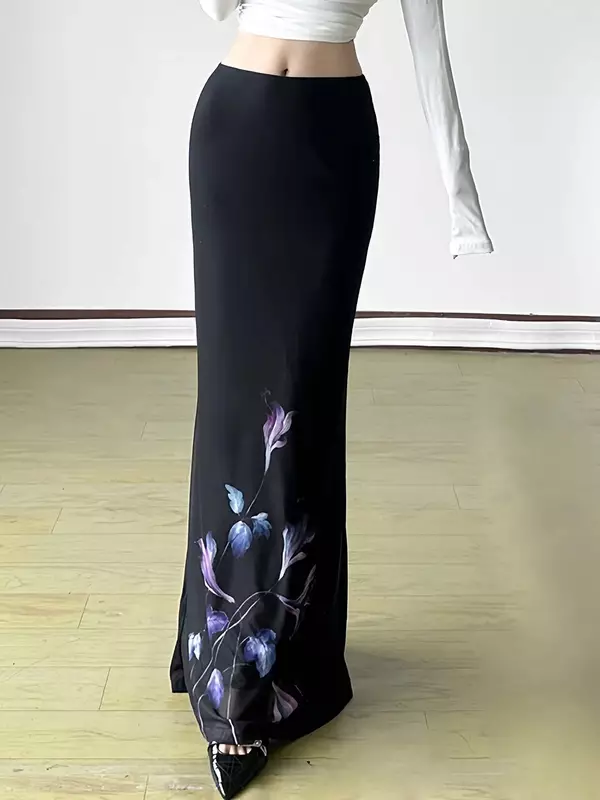 Black Floral Printed A-Line Maxi Skirt