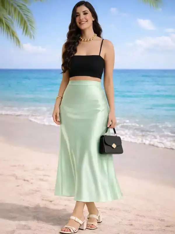 Green Satin Flared Skirt