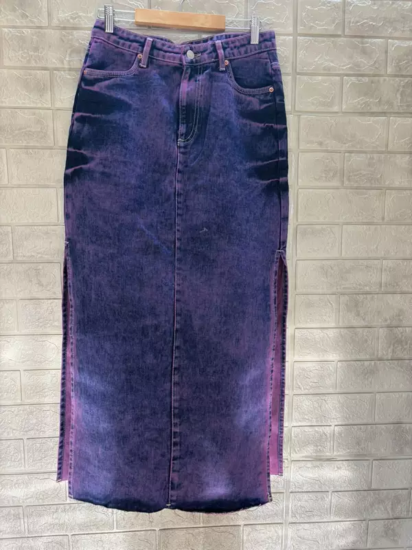 Purple Denim Straight Side Slit Skirt