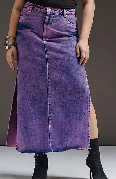 Purple Denim Straight Side Slit Skirt
