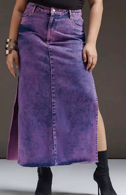 Purple Denim Straight Side Slit Skirt