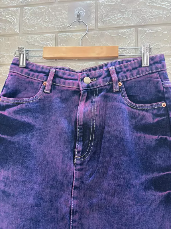 Purple Denim Straight Side Slit Skirt