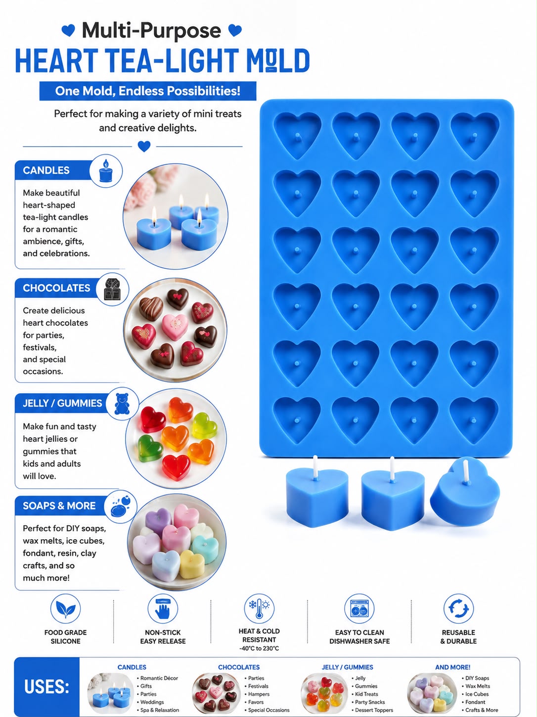 Silicon Mold Candle Tealight - HEART - 24 Cavity - 10g
