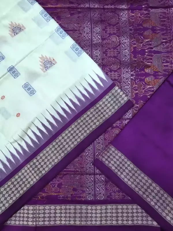 Temple Butta Bomkai Silk Saree-White