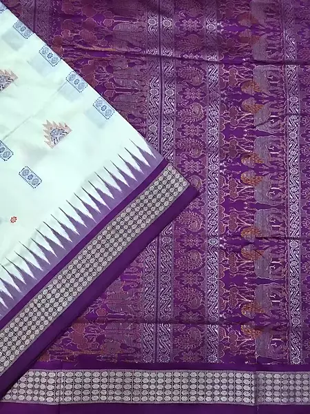 Temple Butta Bomkai Silk Saree-White