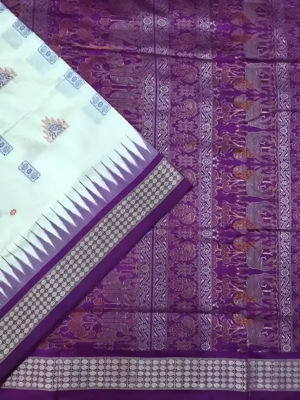 Temple Butta Bomkai Silk Saree-White