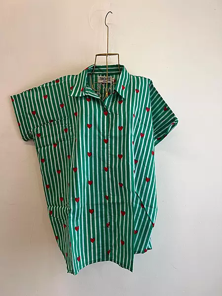 Ishq's Small Anti-fit with Back Open & Tie - White & Dark Green Stripes with Hearts