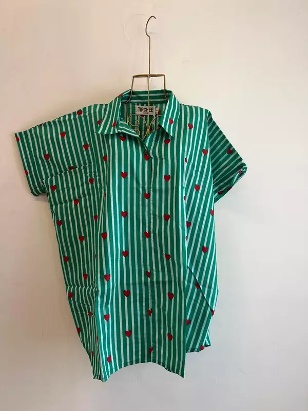 Ishq's Small Anti-fit with Back Open & Tie - White & Dark Green Stripes with Hearts