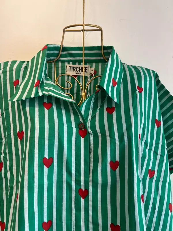 Ishq's Small Anti-fit with Back Open & Tie - White & Dark Green Stripes with Hearts