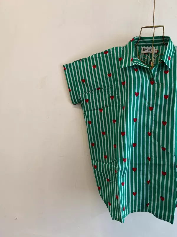 Ishq's Small Anti-fit with Back Open & Tie - White & Dark Green Stripes with Hearts