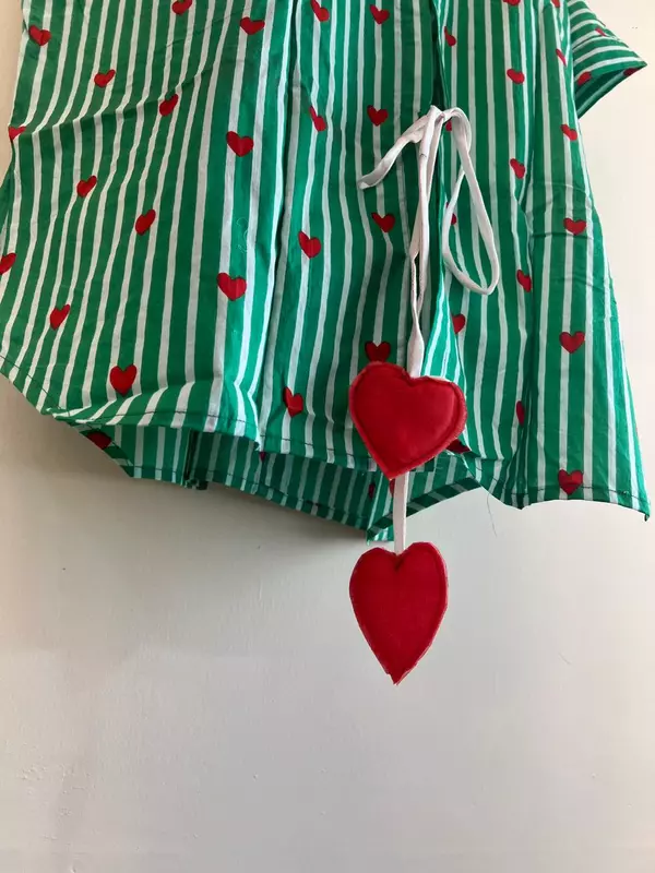 Ishq's Small Anti-fit with Back Open & Tie - White & Dark Green Stripes with Hearts